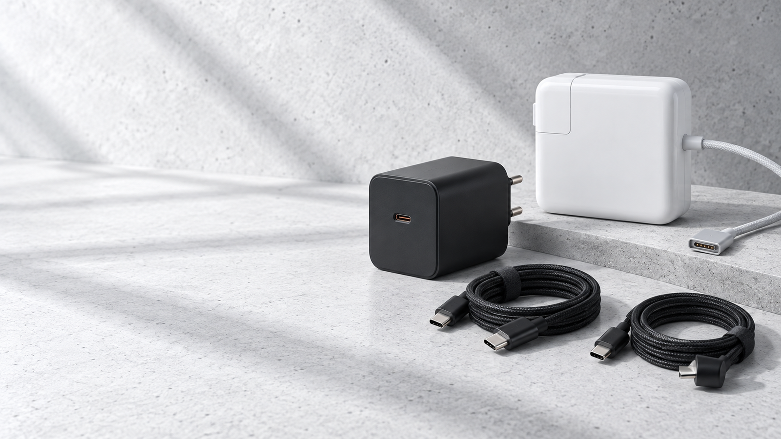 Laptop chargers and braided USB-C cables on a concrete-grey surface