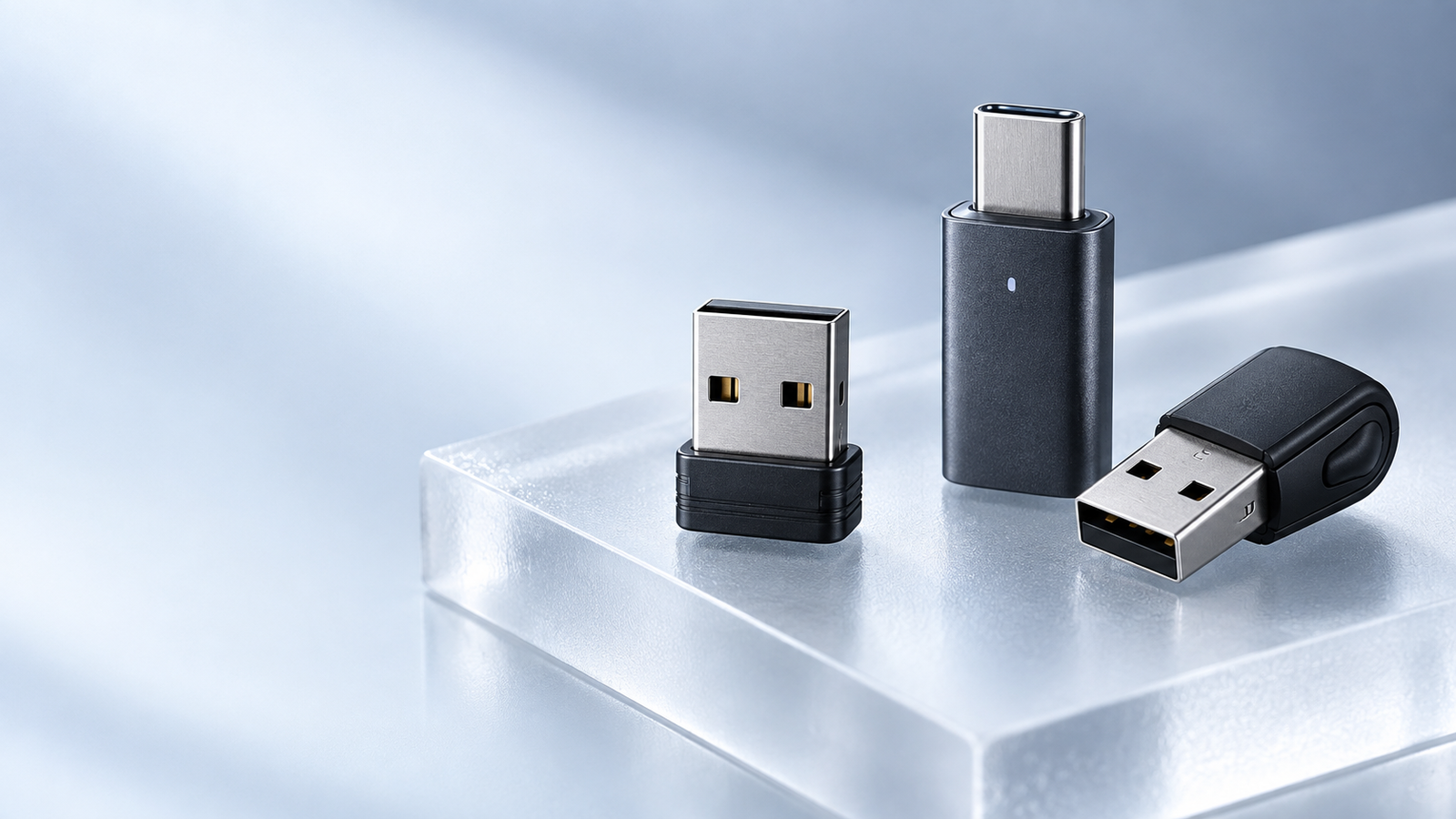 Wireless USB receivers and dongles on a frosted acrylic surface