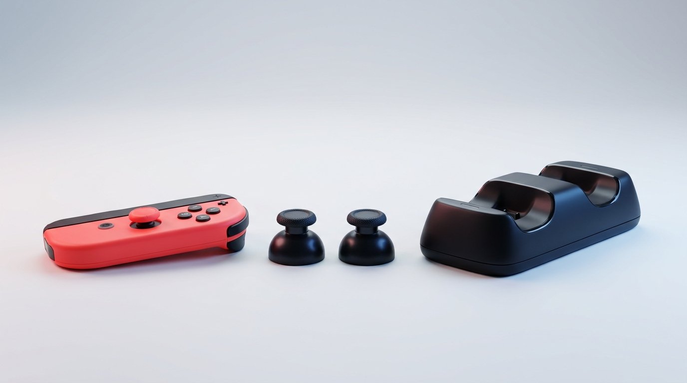 Gaming controller spare parts arranged in a premium studio scene