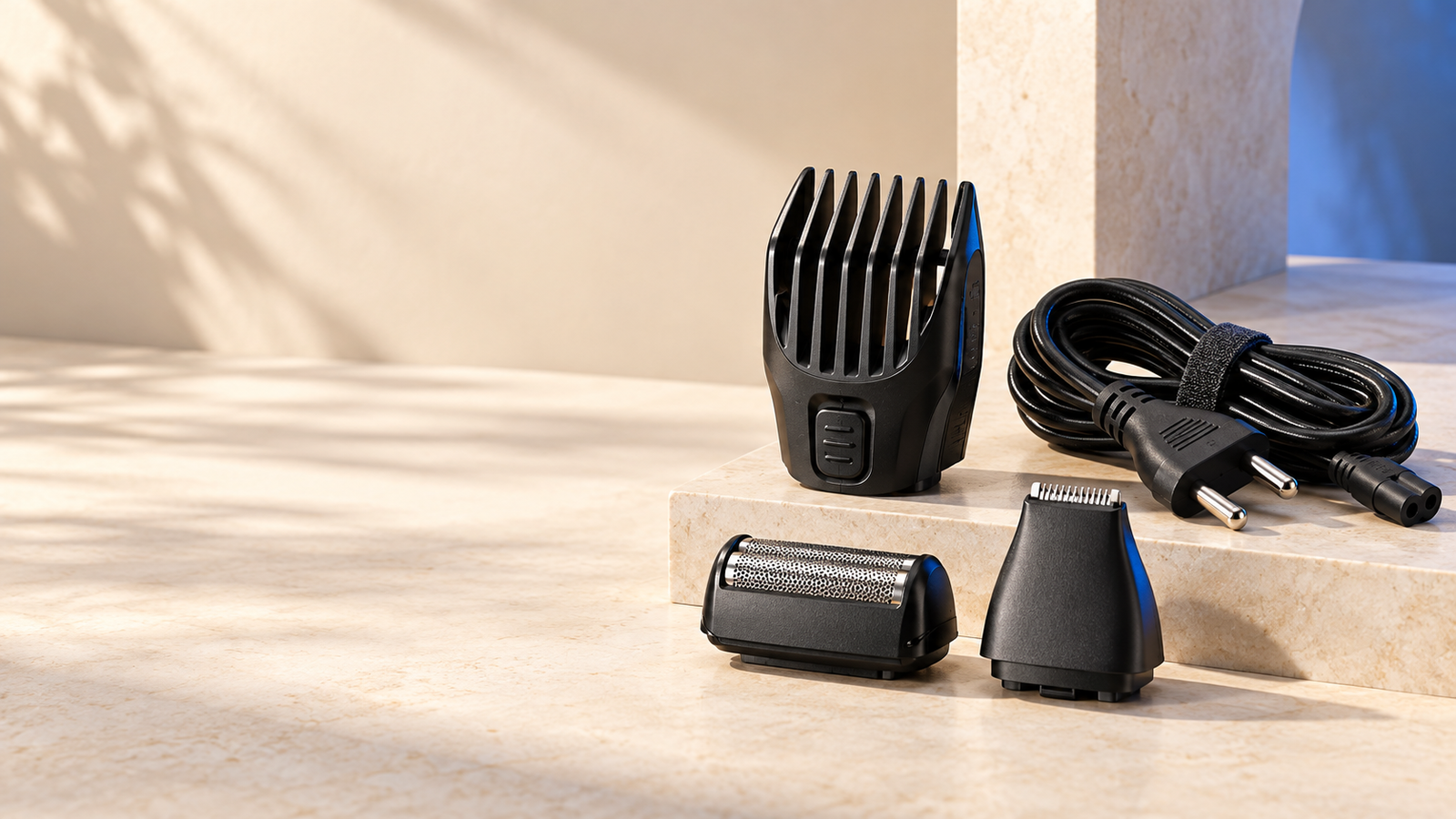 Trimmer comb guard, foil head, power cable, and grooming attachments