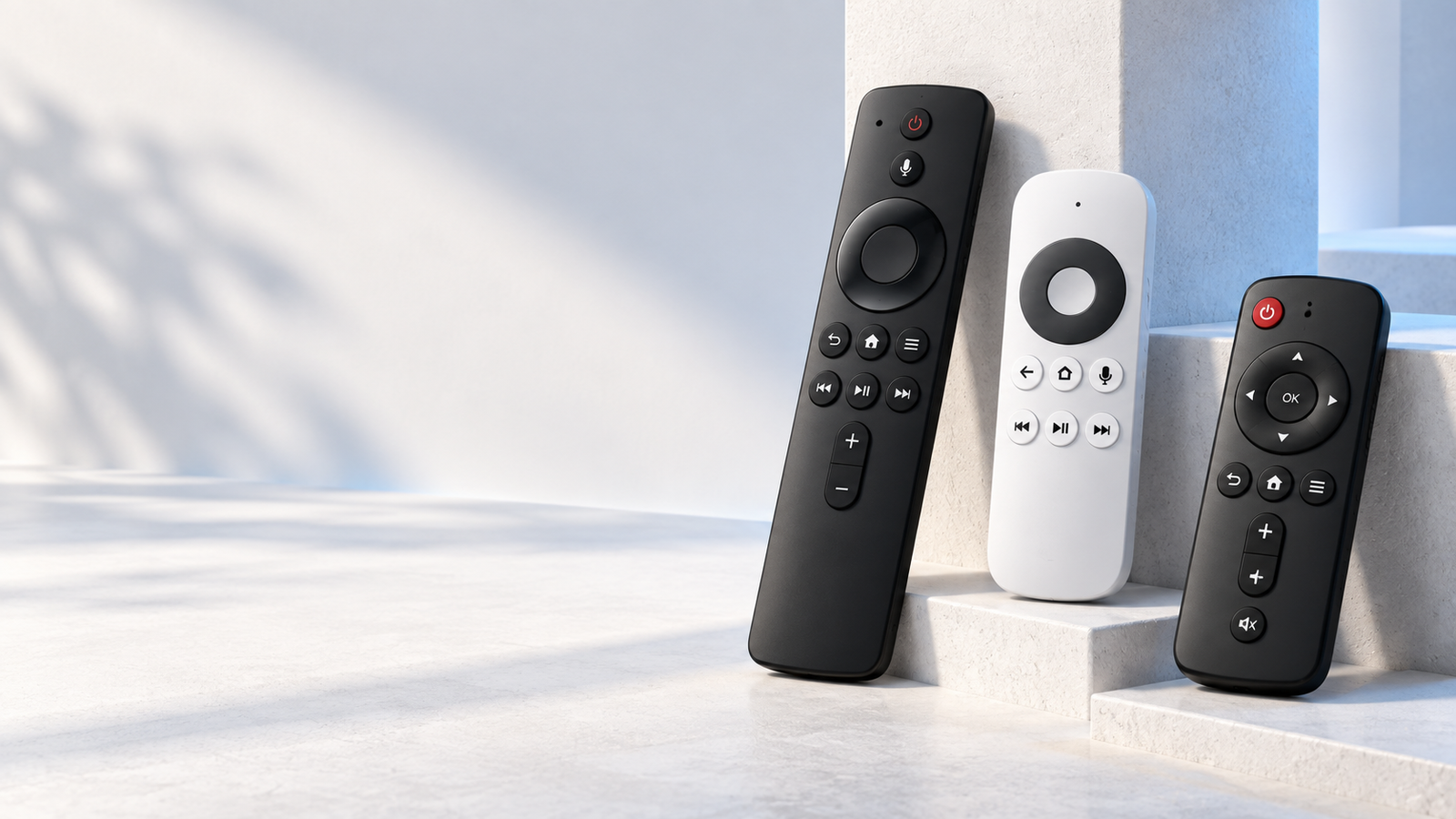 Black and white smart TV remotes arranged on architectural steps
