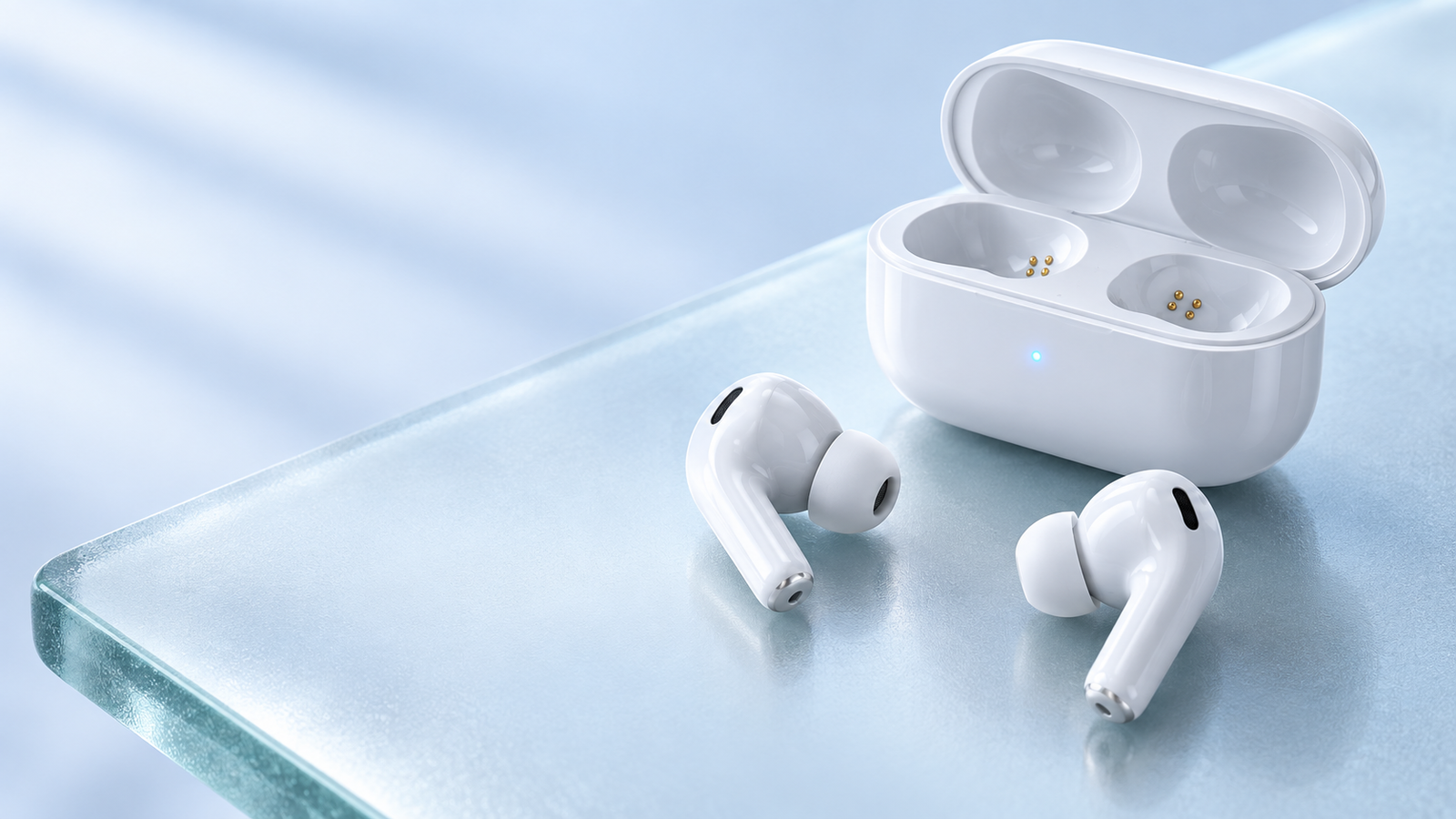White wireless earbuds and charging case on a frosted glass surface