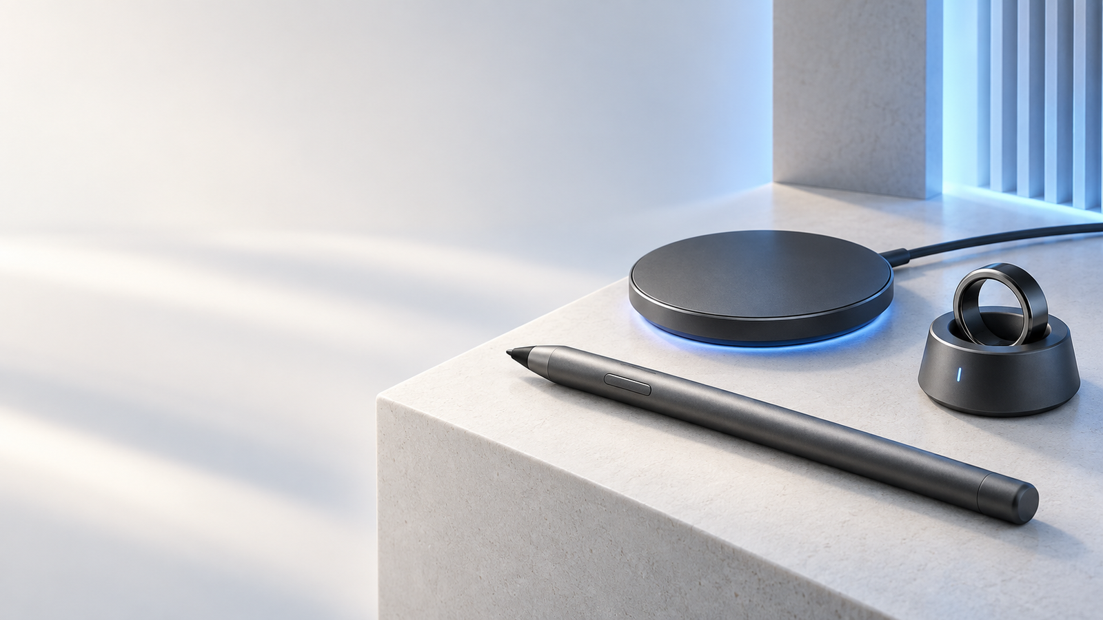 Digital stylus, smartwatch charging puck, and smart ring dock