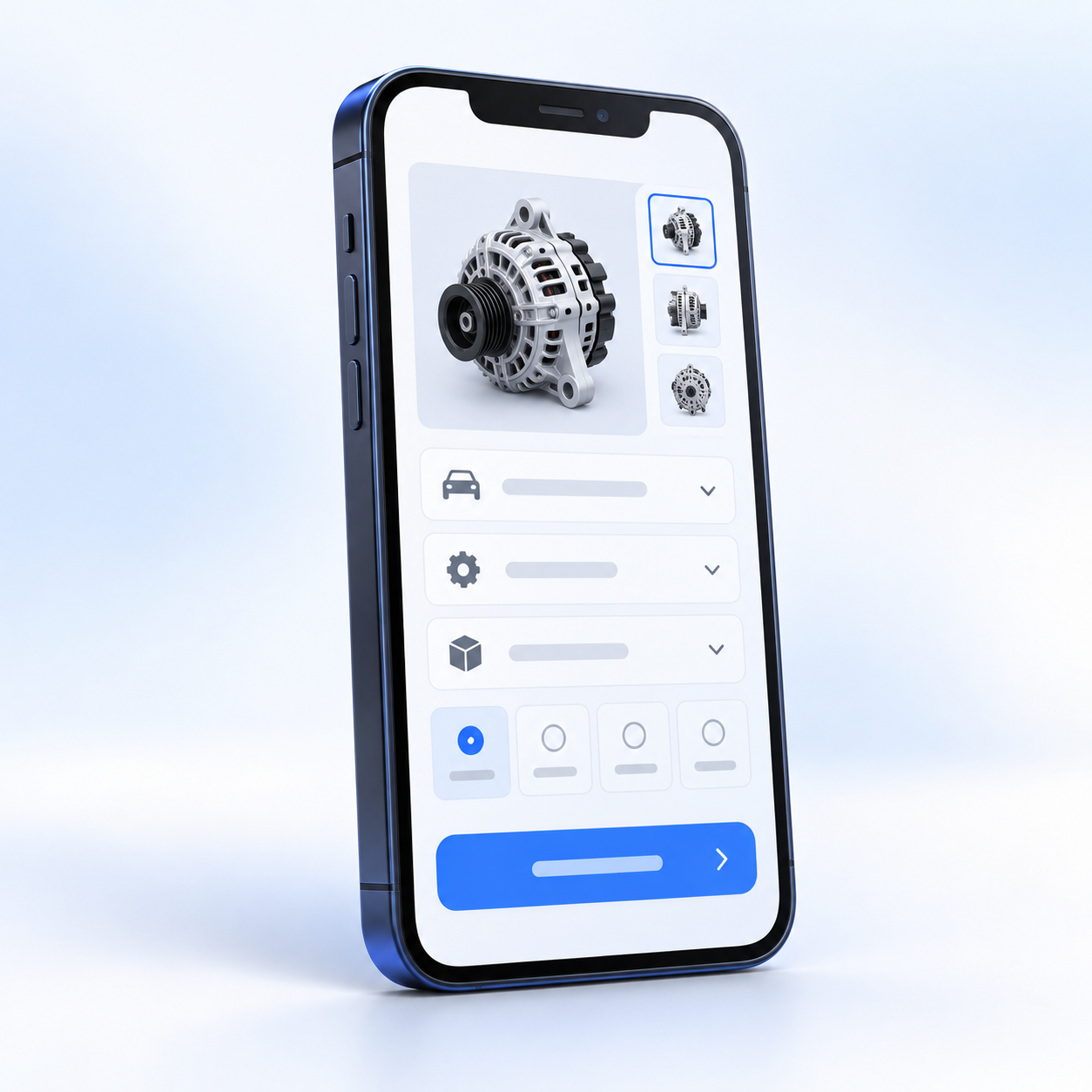 3D smartphone showing a spare-part listing flow