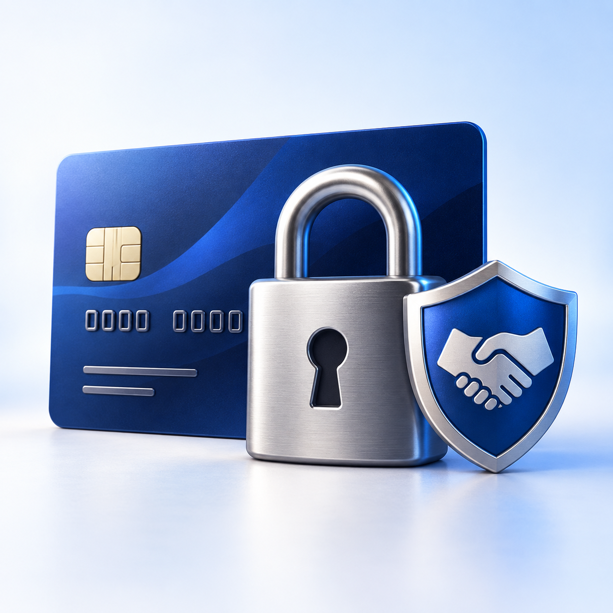 3D payment card, padlock, and escrow shield